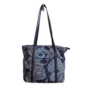 Vera Bradley Blue Paisley Navy Quilted Shoulder Bag Leather Straps Rare